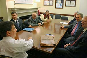 Council representatives met with Senator Mark Begich in DC in 2010. Left to right: Sen.Mark Begich, Swanson; Parker; Faulkner; Bob King of Sen. Begich’s office; Stan Jones, then-Director of Administration and Legislative Affairs; and Roy Jones, federal legislative monitor for the council.