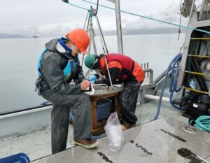 Two people work with sapling equipment aboard a vessel. An oil tanker can be seen in the background. 