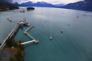 Fishing vessels helped collect the spilled oil. Alyeska trains these fishing crews every year in spill response tactics. Among other tasks, the crews are trained to pull oil spill boom to collect spilled oil floating on top of the water. Photo courtesy of Alyeska.