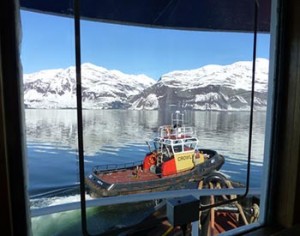 Looking out from the tug Stalwart’s wheelhouse at the Gus-E, a Crowley lineboat. Photo courtesy of Alyeska.