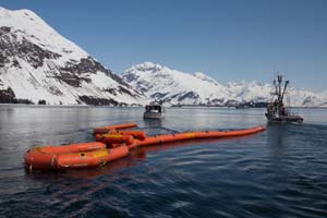 Crews spend one day on the water practicing response techniques. Here, two fishing vessels practice pulling a "buster" oil spill boom system during the Valdez training. SERVS' spill response toolbox contains different boom systems for different conditions. The buster is the newest generation of boom systems, While it has its own limitations, the buster can be towed faster, better handle rougher water, and collect and hold recovered oil better compared to more traditional booms. Photo by Jeremy Robida.