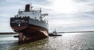 Photo of tanker Liberty Bay with escort tug. Photo courtesy of Aker Philadelphia Shipyard.
