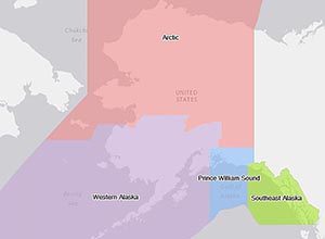 Four proposed areas would be part of new regional plan for Alaska. Below: Currently, there are ten “subarea” plans, one for each of the regions in this map. Both maps are from ADEC. 